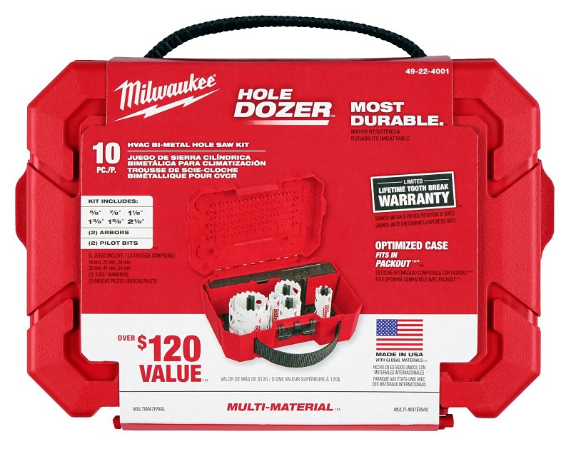 Milwaukee 49-22-4001 Hole Saw Kit, 10-Piece, Bi-Metal