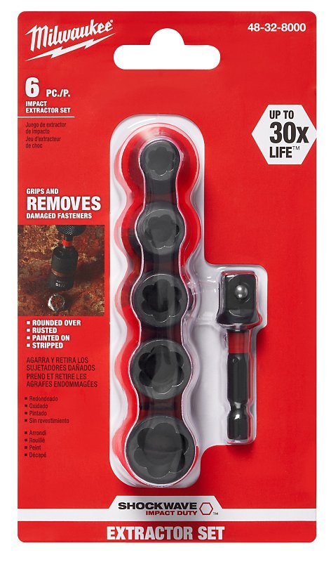 Milwaukee SHOCKWAVE Series 48-32-8000 Impact Extractor Set, 6-Piece, Steel, Specifications: 3/8 in Socket Depth