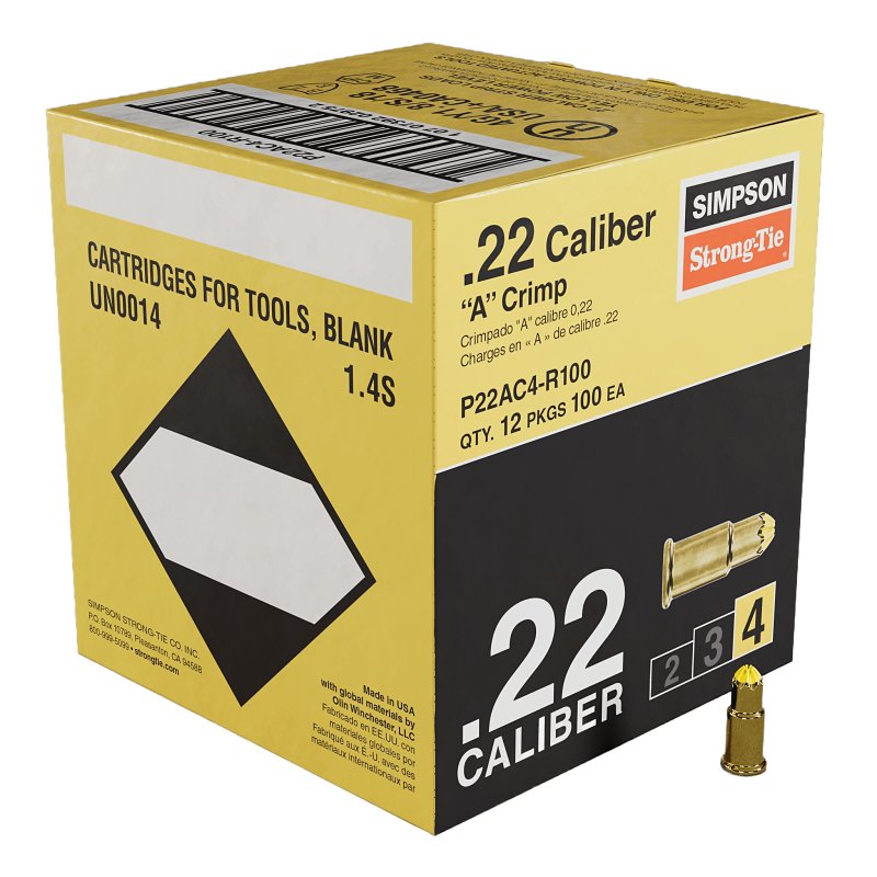 Simpson Strong-Tie P22AC4-R100 Crimp Load, 0.22 Caliber, Power Level: 4, Yellow Code, 1-Load