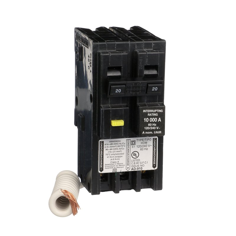 Square D Homeline HOM220GFIC Miniature Circuit Breaker, GFCI, 20 A, 2-Pole, 120/240 V, Plug-In Mounting