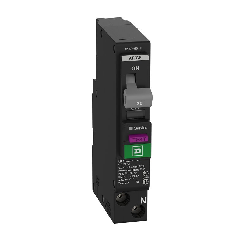 Square D QO QO120PAFGFC Miniature Circuit Breaker, Combination Arc Fault, 20 A, 1-Pole, 120 VAC, Plug-In