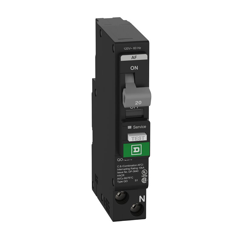 Square D QO QO120PAFC Miniature Circuit Breaker, Combination Arc Fault, 20 A, 1-Pole, 120 VAC, Plug-In