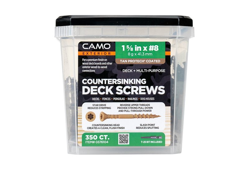 Camo 0376104 Deck Screw, #8 Thread, 1-5/8 in L, Coarse Thread, Flat Head, Star Drive, Type 17 Slash Point, Carbon Steel
