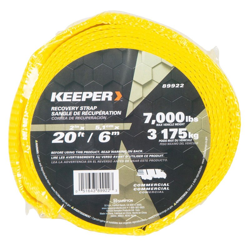 Keeper 89922 Vehicle Recovery Tow Strap, 15,000 lb, 2 in W, 20 ft L