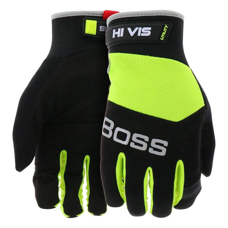 Boss Utility B52314-L Gloves, L, 8 to 8-3/8 in L, Hook and Loop, Slip-On Cuff, Spandex/Synthetic Leather, Hi-Vis Green