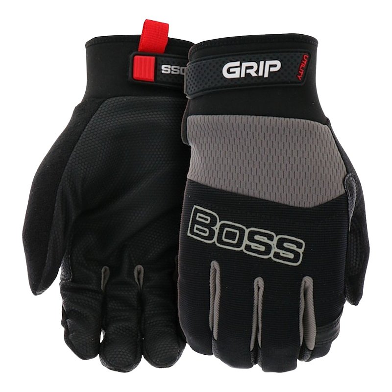 Boss Utility B52334-L Gloves, Men's, L, 8 to 8-3/8 in L, Reinforced Thumb, Hook and Loop Cuff, Black