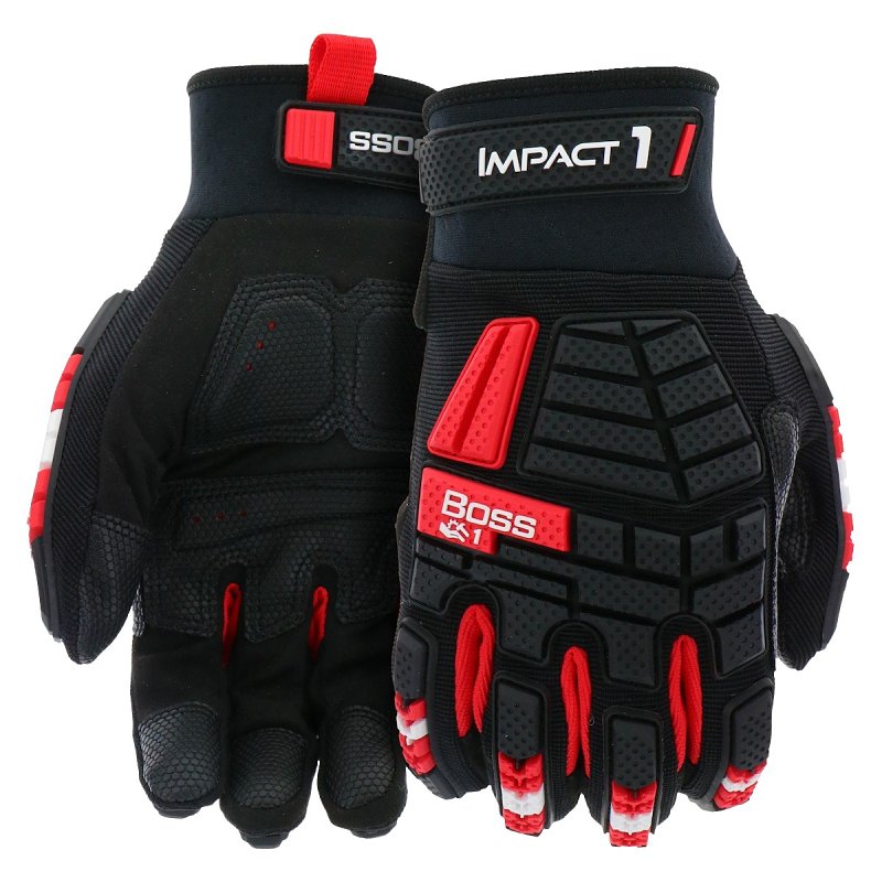 Boss Impact1 B52354-L Work Gloves, Men's, L, 8 to 8-3/8 in L, Reinforced Thumb, Hook and Loop, Slip-On Cuff, Black