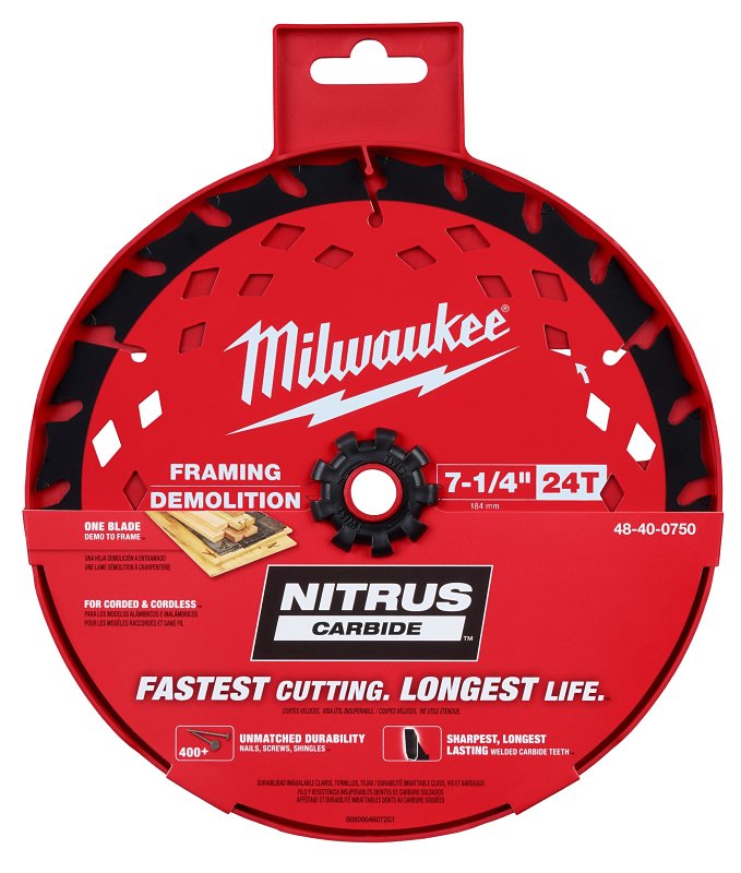 Milwaukee 48-40-0750 Circular Saw Blade, 7-1/4 in Dia, 24-Teeth, Carbide Cutting Edge