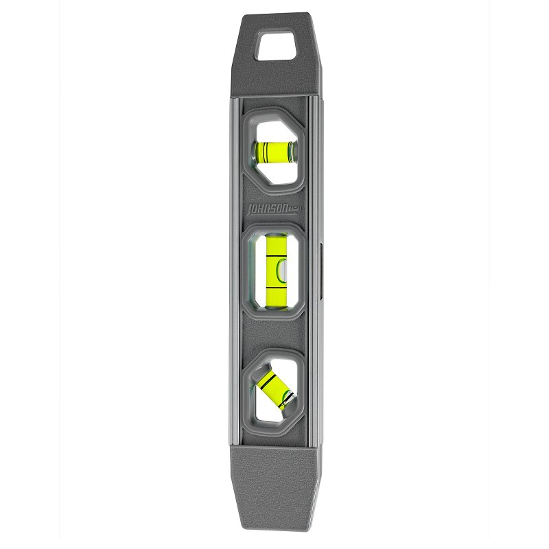 Johnson 1405-0900 Torpedo Level, 9 in L, 3-Vial, Magnetic, Aluminum/Rubber, Gray