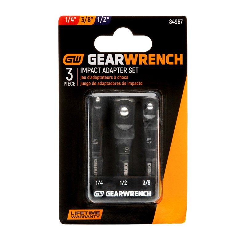GearWrench 84967 Impact Adapter Set, 1/4 in Drive, Hex Drive, 1/4, 3/8, 1/2 in Output Drive, Square Output Drive