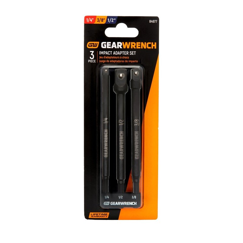 GearWrench 84977 Impact Adapter Set, 1/4 in Drive, Hex Drive, 1/4, 3/8, 1/2 in Output Drive, Square Output Drive, 6 in L