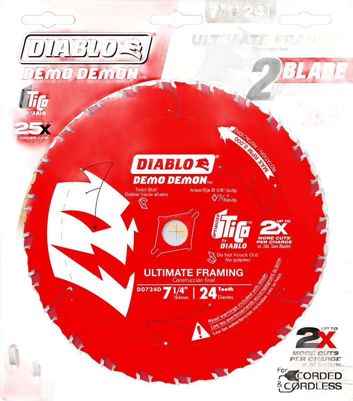 Diablo Demo Demon D0724DVPX Circular Saw Blade, 7-1/4 in Dia, 5/8 in Arbor, 24-Teeth, Carbide Cutting Edge