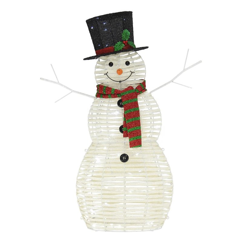 Puleo Asia Limited 315-YD4421L Rattan Snowman Yard Decor, 28-1/2 in L, 10-1/4 in W, Fabric/Metal/Plastic, White, LED