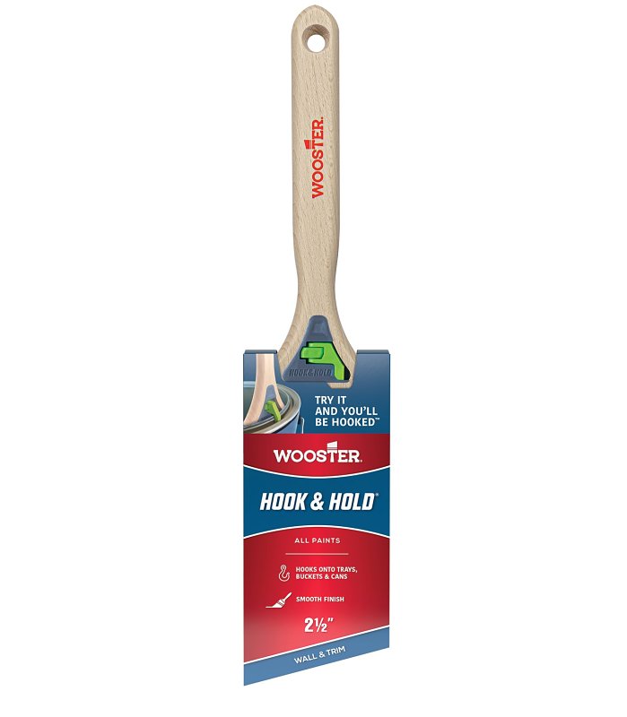 Wooster Hook and Hold 5301-2 1/2 Trim Paint Brush, 2-1/2 in W, Soft Angle Brush, 2-5/8 in L Bristle, Polyester Bristle