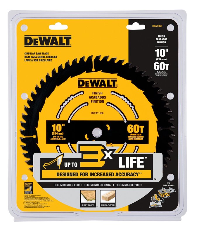 DEWALT DWA11060 Finish Saw Blade, 10 in Dia, 5/8 in Arbor, 60 -Teeth
