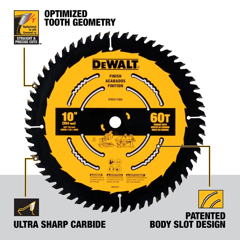 DEWALT DWA11060 Finish Saw Blade, 10 in Dia, 5/8 in Arbor, 60-Teeth, Carbide Cutting Edge