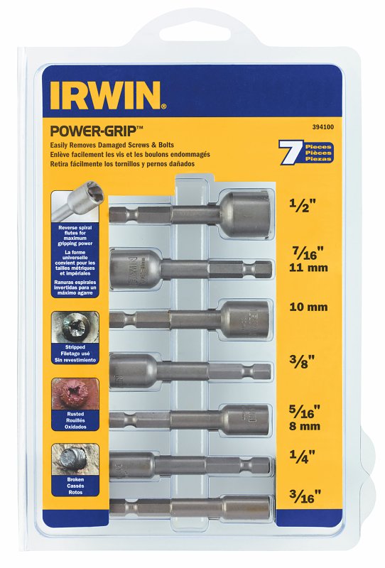 IRWIN POWER-GRIP 394100 Bolt Extractor Set, 7-Piece, HCS, Black Oxide, Specifications: Reverse Spiral Flute