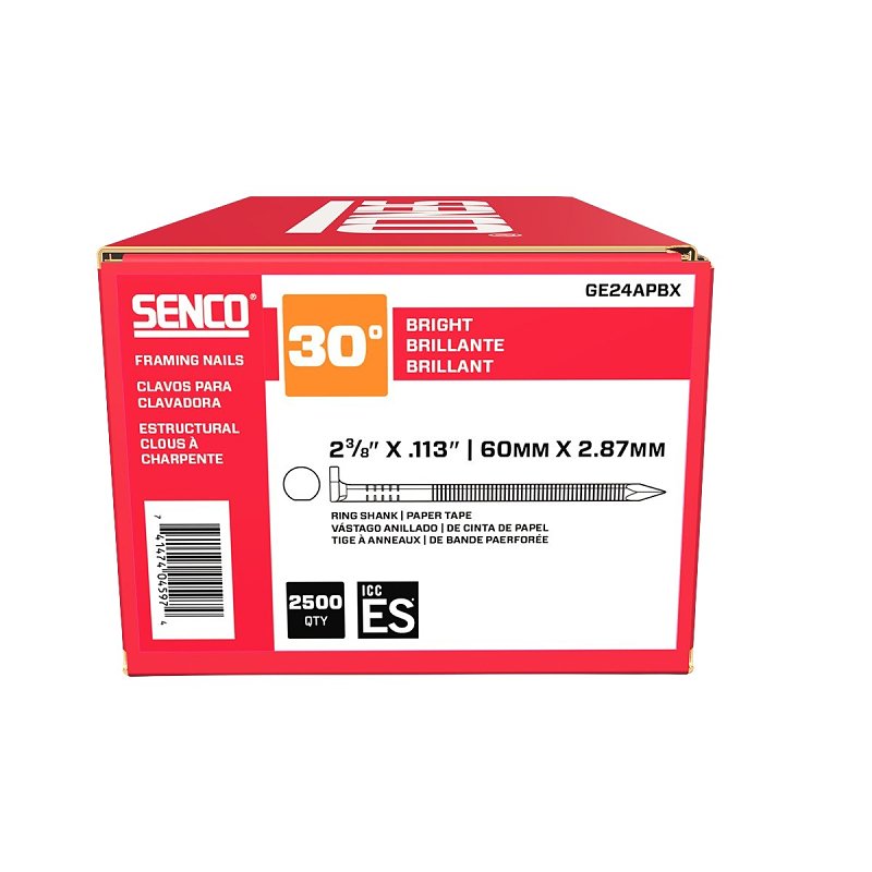 Senco GE24APBX Collated Nail, 2-3/8 in L, Steel, Bright Basic, Clipped Head, Ring Shank