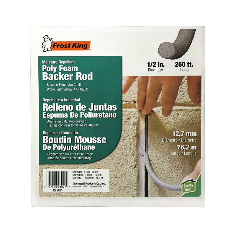 Frost King C22CP Caulk Saver Tape, 1/2 in W, 250 ft L, Poly Foam, Gray