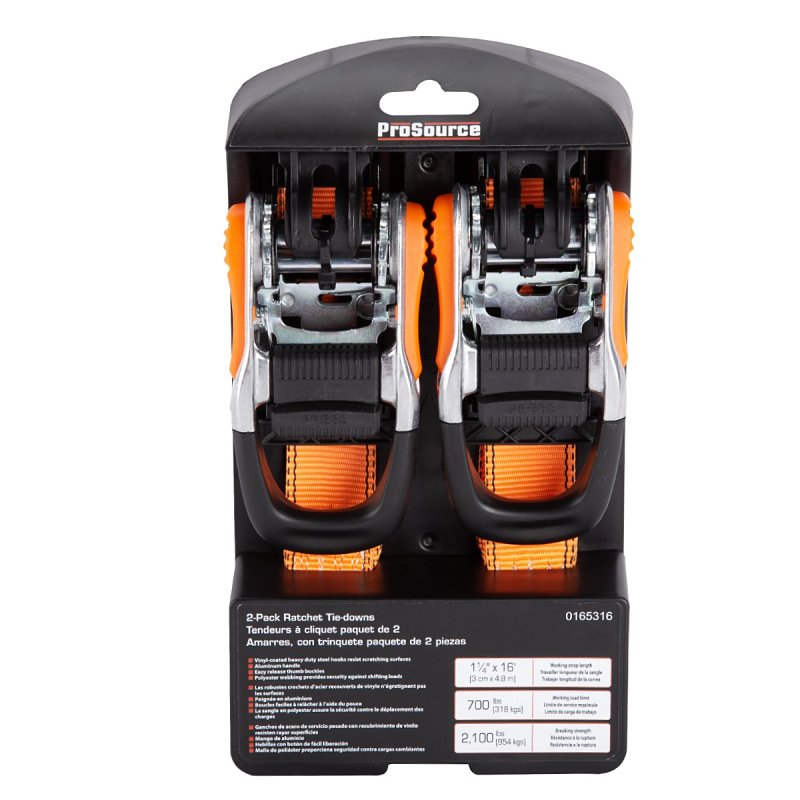 ProSource FH4013 Tie-Down, 1-1/4 in W, 16 ft L, Metal/Polyester, Orange, 700 lb, S-Hook End Fitting, Steel End Fitting