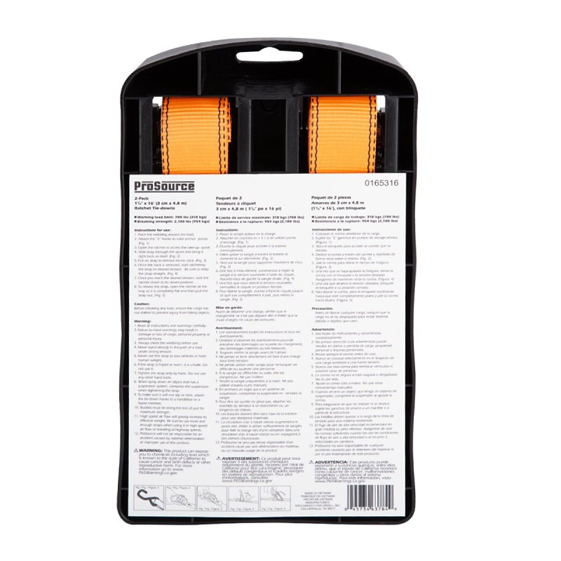 ProSource FH4013 Tie-Down, 1-1/4 in W, 16 ft L, Metal/Polyester, Orange, 700 lb, S-Hook End Fitting, Steel End Fitting