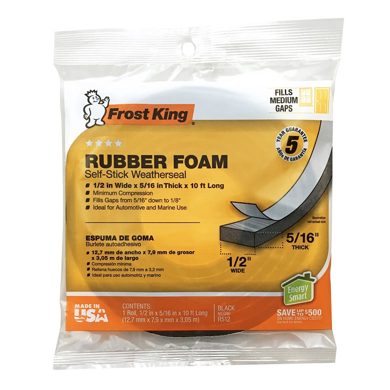 Frost King R512H Weatherseal Tape, 1/2 in W, 10 ft L, 5/16 in Thick, Rubber Foam, Black