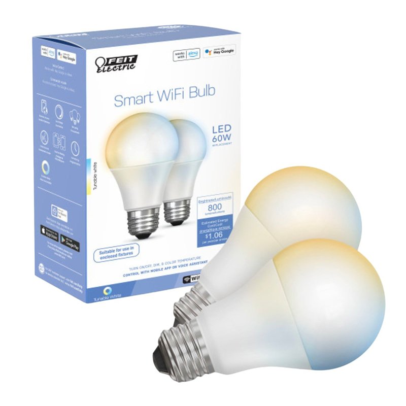 Feit Electric OM60/CCT/CA/AG Smart Wi-Fi Light Bulb, 8.8 W, Wi-Fi Connectivity: Yes, App Control, E26 Medium Lamp Base