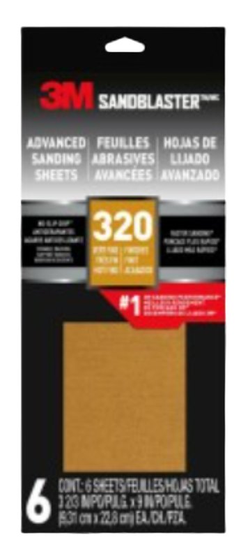 3M SandBlaster Series 11320-G-6 Sandpaper, 9 in L, 3-2/3 in W, 320 Grit, Fine, Synthetic Mineral Abrasive