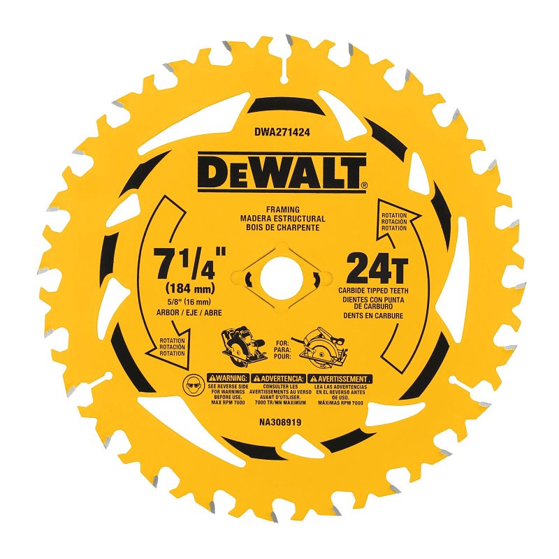 DEWALT DWA171424B10 Circular Saw Blade, 7-1/4 in Dia, 5/8 in Arbor, 24-Teeth, Tungsten Carbide Cutting Edge