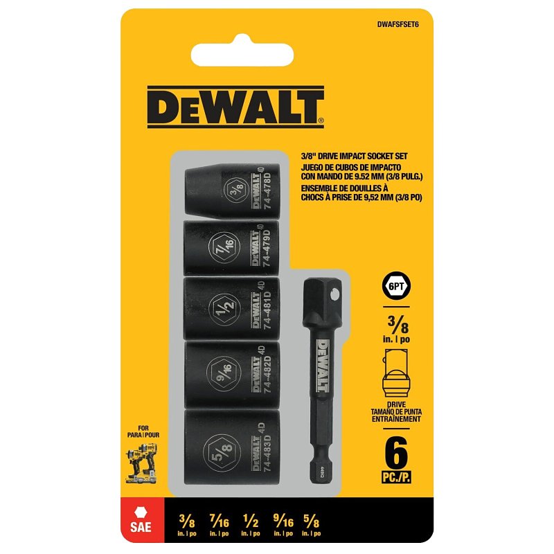 DEWALT DWAFSFSET6 6-Point Impact Socket Set, Steel, Manganese Phosphate-Coated