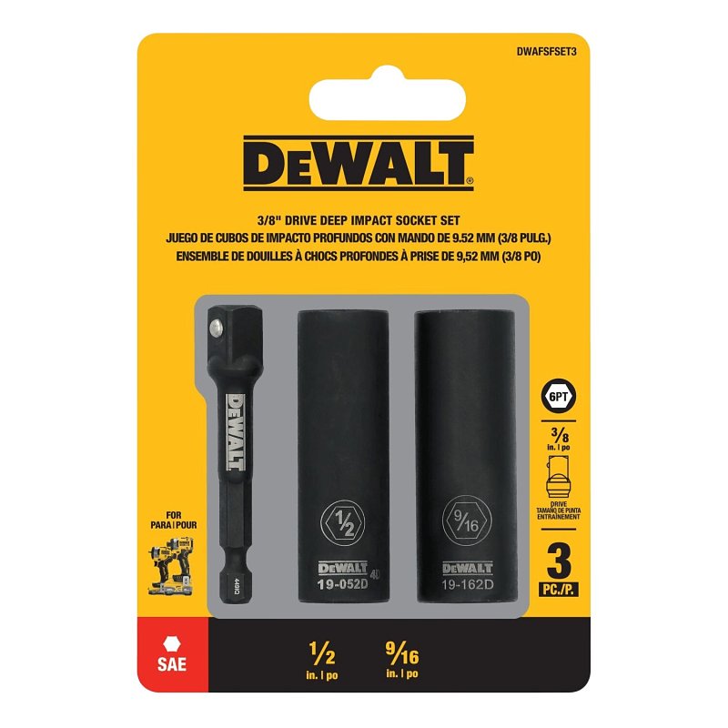 DEWALT DWAFSFSET3 6-Point Impact Socket Set, Steel, Manganese Phosphate-Coated