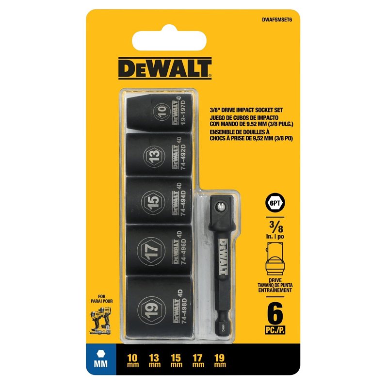 DEWALT DWAFSMSET6 6-Point Impact Socket Set, Steel, Manganese Phosphate-Coated