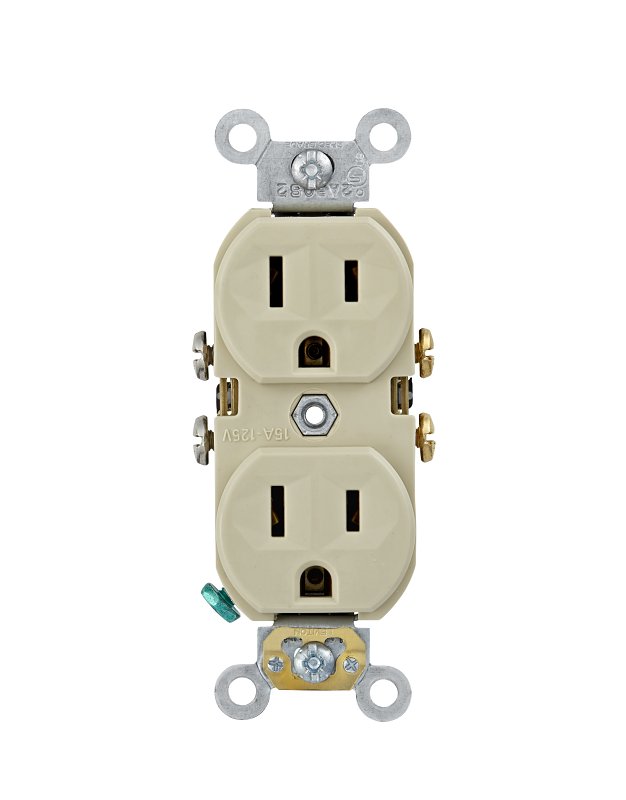 Leviton CBR15-I Duplex Outlet, 2 -Pole, 15 A, 125 VAC, Back, Side Wiring, NEMA: 5-15R, Ivory