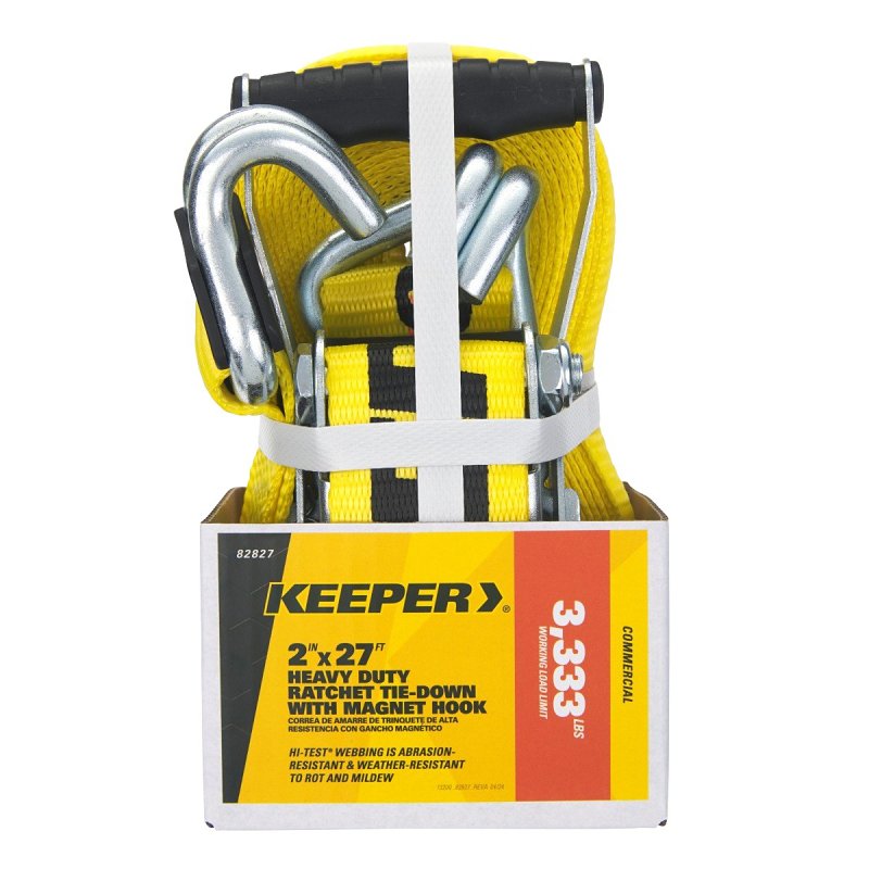Keeper Commercial Series 82827 Heavy-Duty Strap Tie-Down with Magnetic JJ Hook, 2 in W, 27 ft L, 3333 lb
