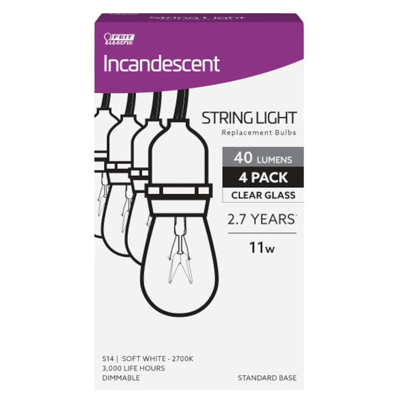 Feit Electric 11S14/4-130 Incandescent Bulb, 11 W, S14 Lamp, E26 Medium Lamp Base, 40 Lumens, 2700 K Color Temp