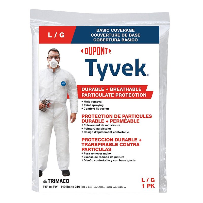 Trimaco 14122 Professional Painter's Coveralls, L, Zipper Closure, Tyvek, White