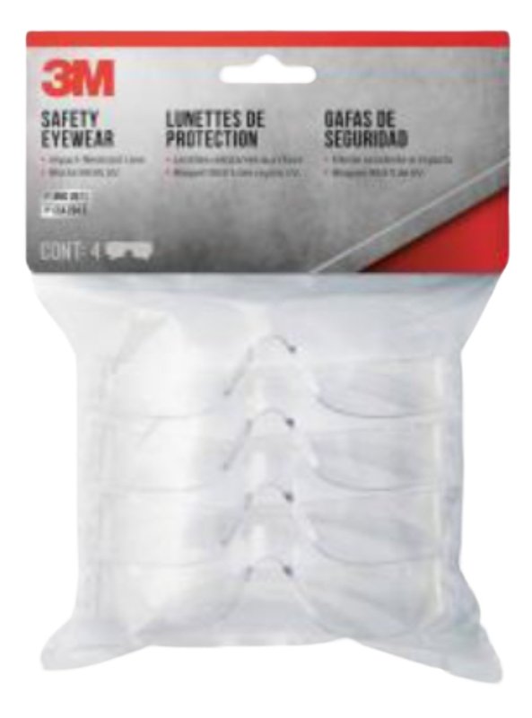 3M 90834-00000B Safety Glasses, Clear Lens, Clear Frame, Anti-Scratch Lens, Polycarbonate Lens, Wraparound Frame
