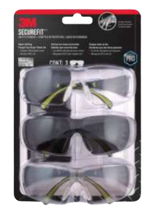 3M SF400-W-3PK Safety Eyewear, Clear/Gray Lens, Neon Green/Black Frame, Anti-Fog, Scratch-Resistant Lens