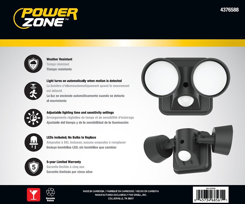 PowerZone CL-SLAM25ACB-2H Motion Activated Security Light, 120 V, 25 W, 2-Lamp, LED Lamp, Daylight Light, 2500 Lumens