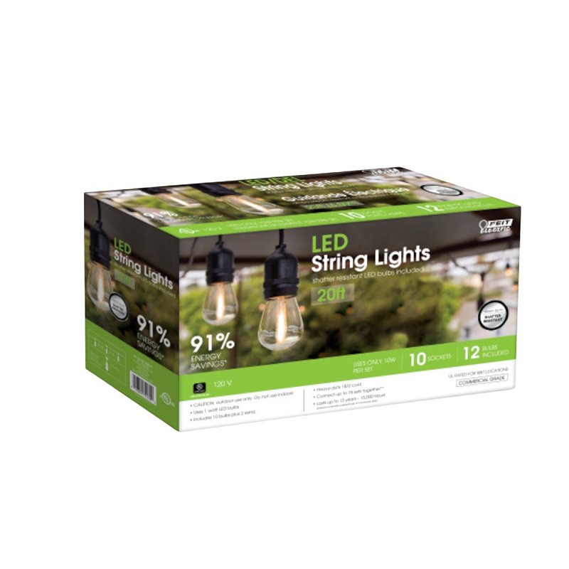 Feit Electric 72122 String Light Set, 120 V, 1 W, 12 -Lamp, LED Lamp, Warm Amber, 11,000 hr Average Life, 20 ft L