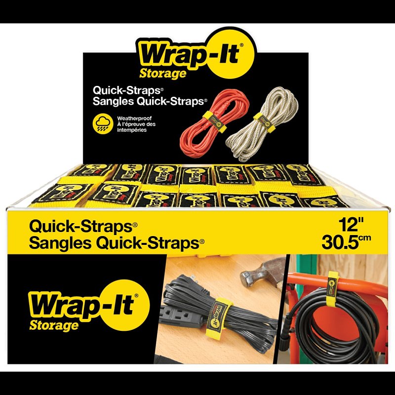 Wrap-It Storage 100-BS-12YE Cable Wrap, 1 in W, 12 in L, Polypropylene, Yellow, Hook and Loop Adhesive