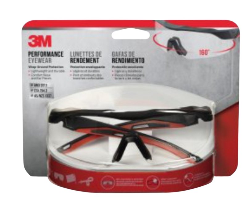 3M 47090-WZ4 Safety Glasses, Clear Lens, Black/Red Frame, Anti-Fog, Anti-Scratch Lens, Wraparound Frame