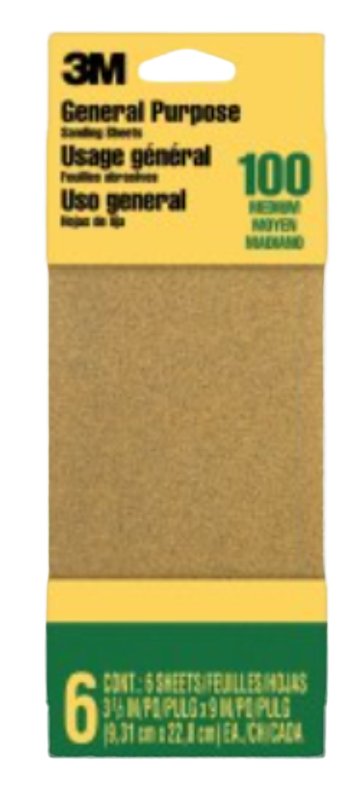 3M 9016 Sandpaper Sheet, 9 in L, 3.66 in W, Medium, 100 Grit, Aluminum Oxide Abrasive, Paper Backing