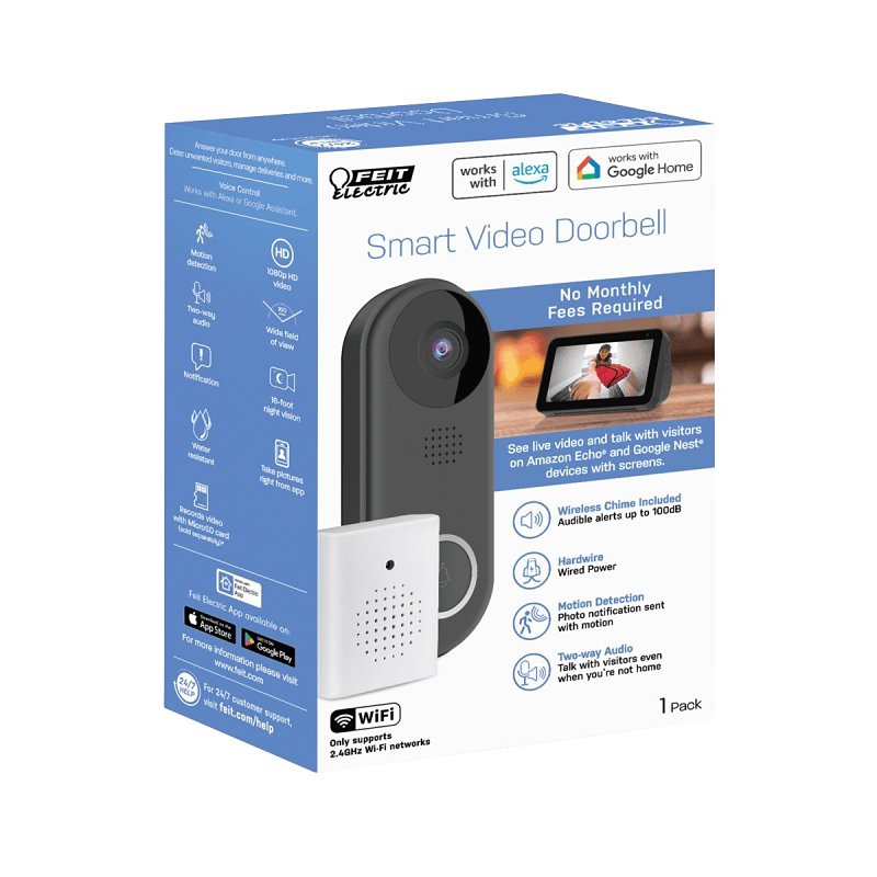 Feit Electric CAM/DOOR/WIFI Smart Doorbell Camera, 130 deg Viewing, Night Vision: 30 ft, Wi-Fi Connectivity: Yes