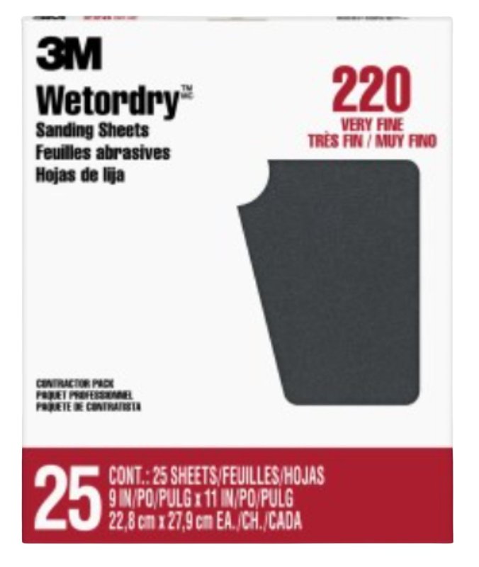 3M Wetordry 99422NA Sandpaper, Black, 11 in L, 9 in W, Very Fine, 220 Grit, Silicon Carbide Abrasive, Paper Backing