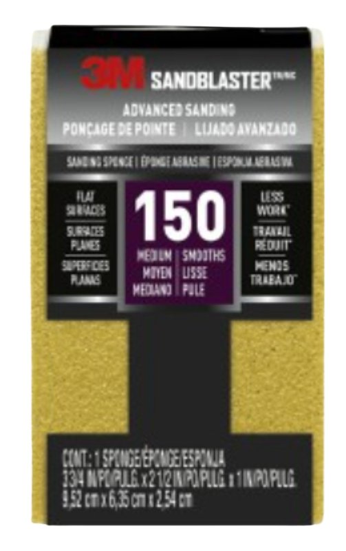 3M SandBlaster 20908-150 Sanding Sponge, 3-3/4 in L, 2-5/8 in W, 150 Grit, Medium, Aluminum Oxide Abrasive