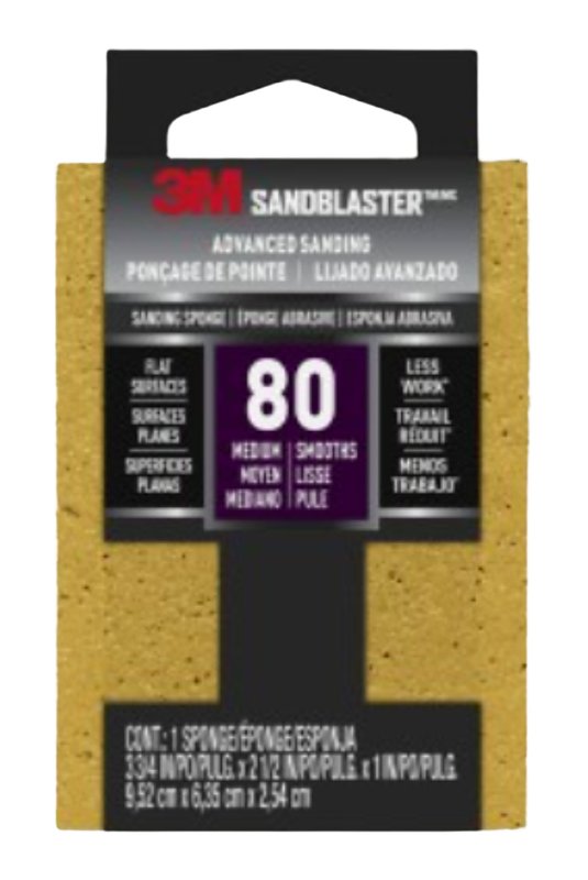 3M SandBlaster 20908-80 Sanding Sponge, 3-3/4 in L, 2-5/8 in W, 80 Grit, Medium, Aluminum Oxide Abrasive