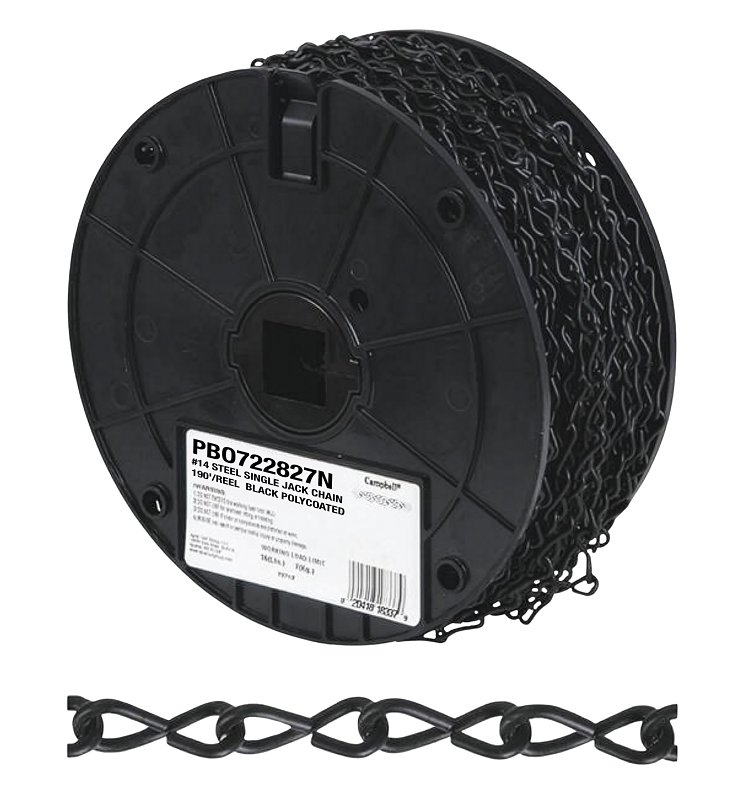 Campbell PB072-2827N Single Jack Chain, #14, 190 ft L, 520 lb Working Load, Carbon Steel, Black Polycoat
