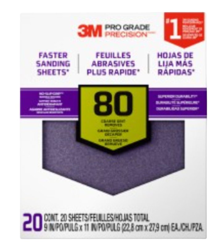 Scotch 26080CP-P-G Sandpaper Sheet, 11 in L, 9 in W, Coarse, 80 Grit, Aluminum Oxide Abrasive, Paper Backing