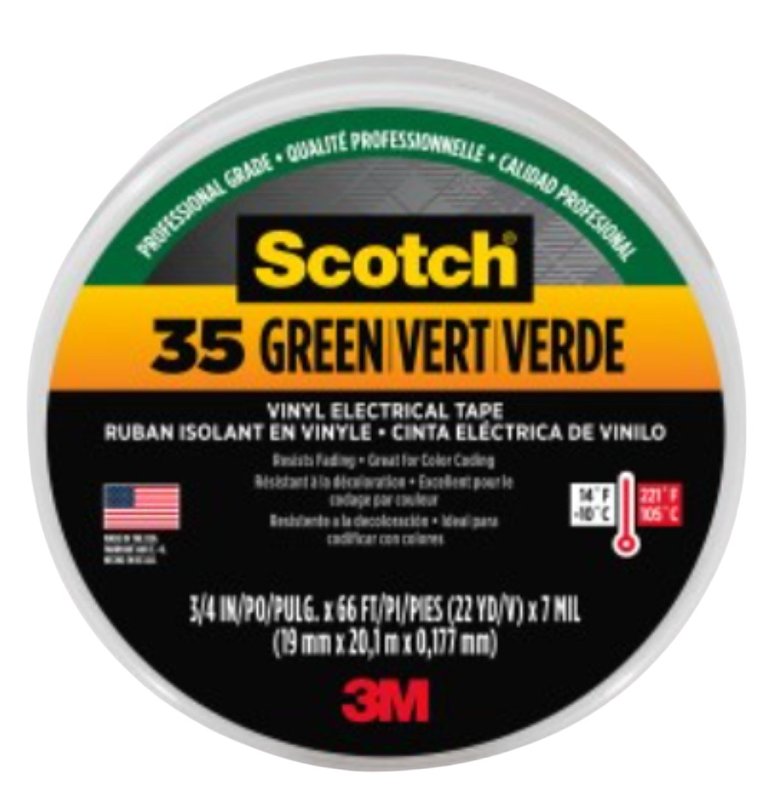 Scotch 10851-DL-10 Electrical Tape, 66 ft L, 3/4 in W, PVC Backing, Green